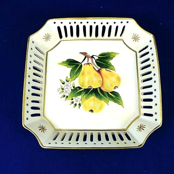 Hand Painted Ceramic Plates Pears Cherries Motif Square Lattice Design 2-Pc Set - Picture 6 of 9